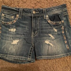 Miss Me Blue Distressed Jean Shorts with Embellishments